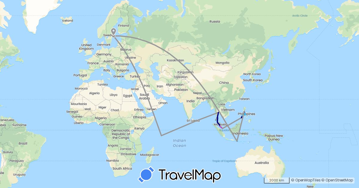 TravelMap itinerary: driving, plane, train, boat in Indonesia, Malaysia, Philippines, Seychelles, Sweden, Singapore, Thailand (Africa, Asia, Europe)